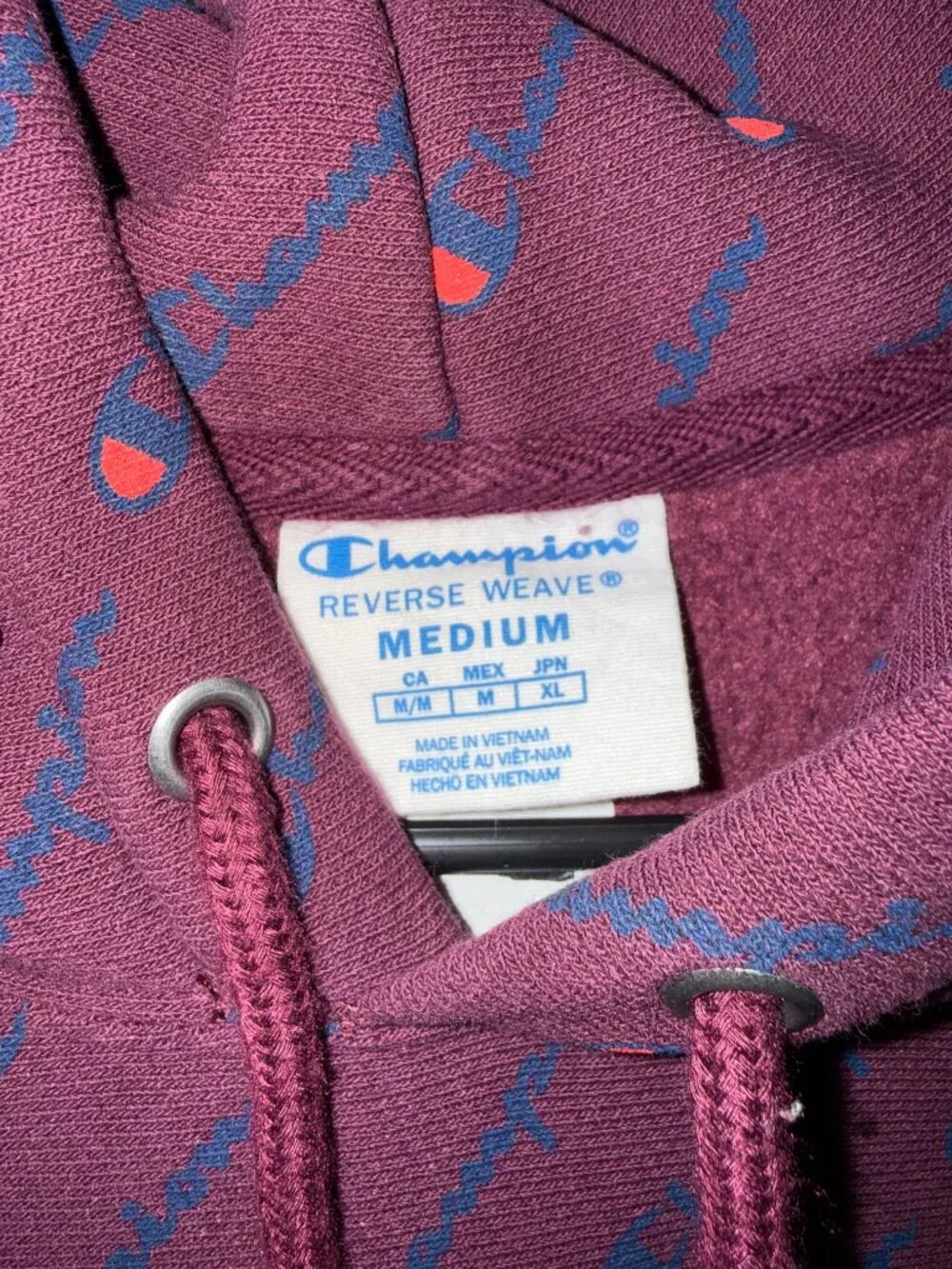 Champion Reverse Weave All-Over Print Hoodie Burgundy Maroon Medium